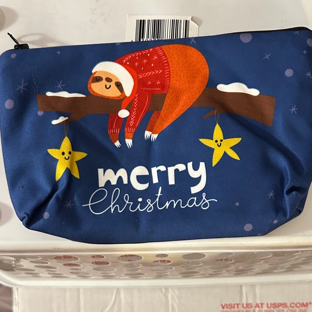 Merry Christmas Sloth Cosmetic Bag - Blue